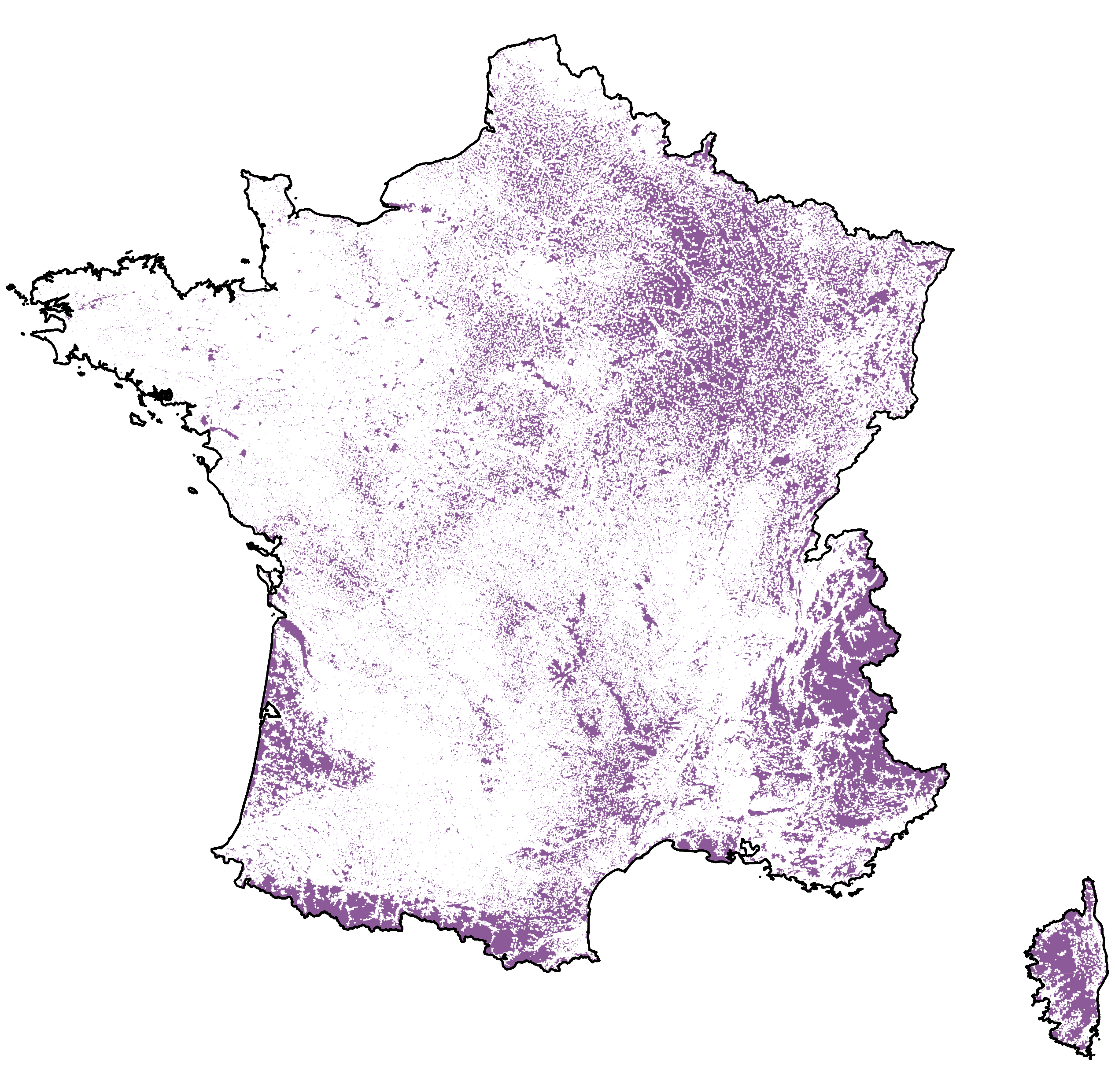 France métropolitaine et mise en valeur des zones sans aucun habitant.